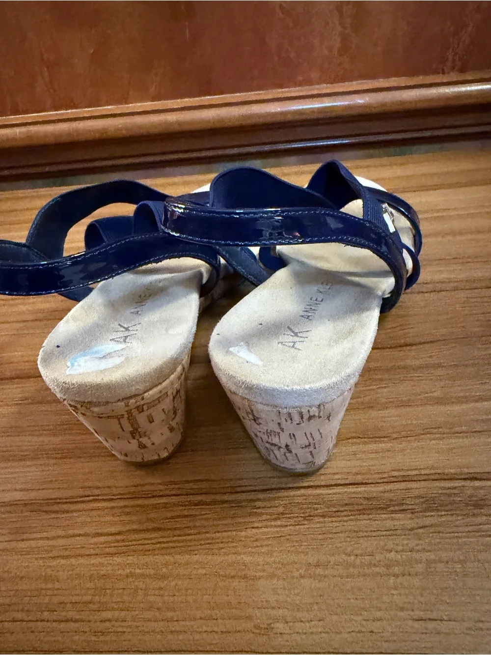 Anne Klein Regina Navy Blue Cork Wedge Sandals Womens Size 8.5 M Excellent